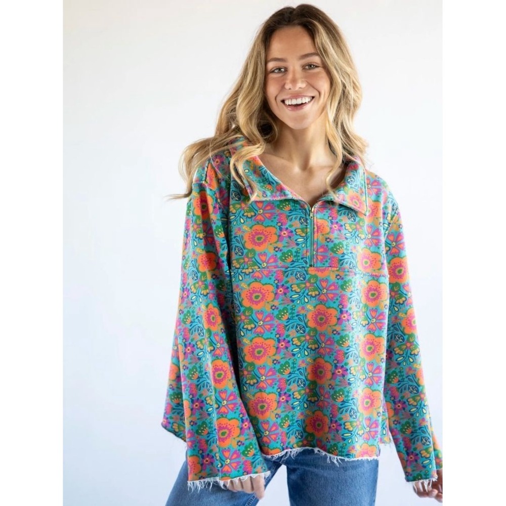 Natural Life Floral Quarter Zip Pullover Size S/M Boho Hippie Cottagecore Cozy - Picture 10 of 10